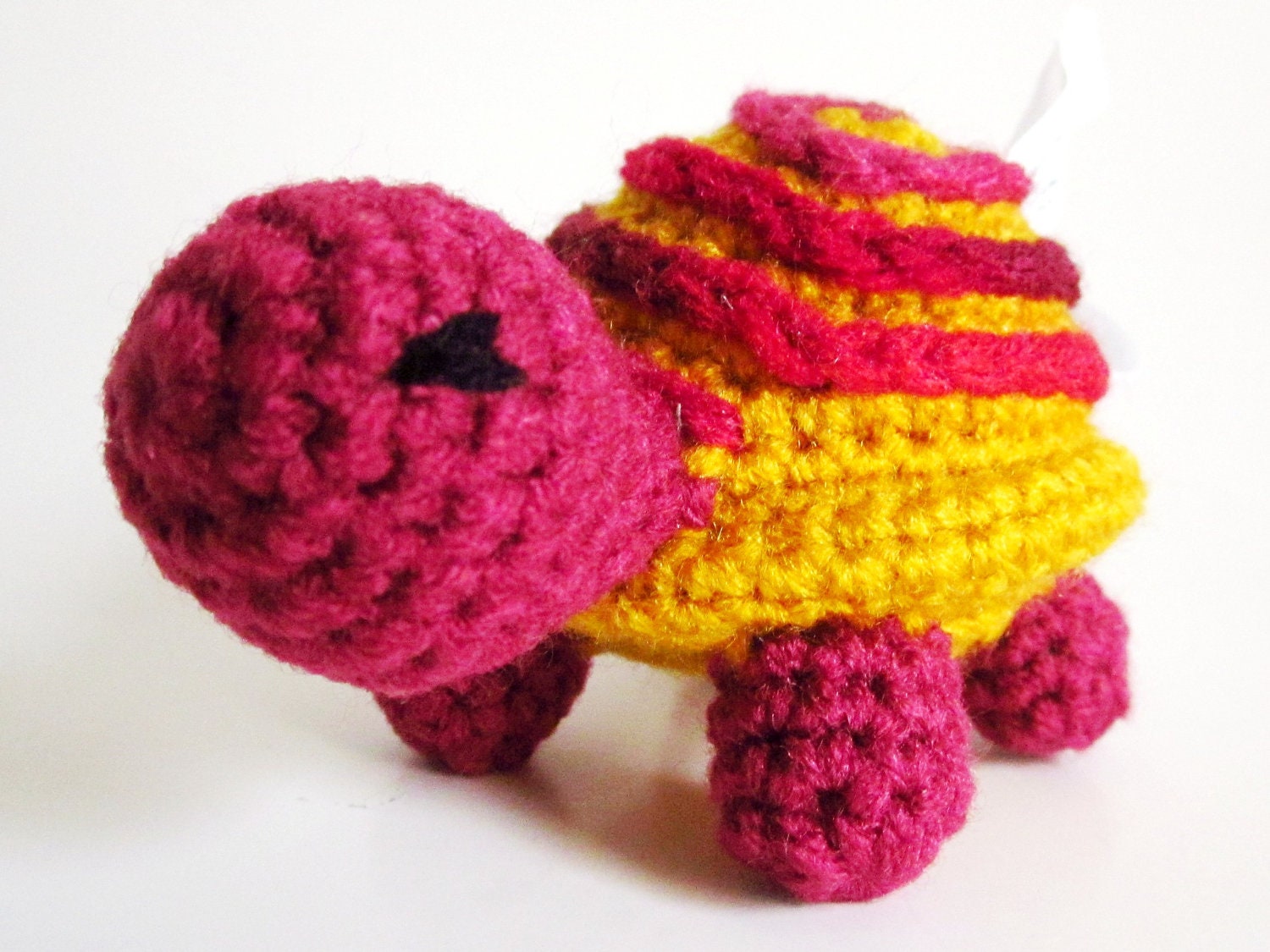 Child Safe Toy Amigurumi: Crocheted Turtle Doll in Mustard Yellow and Shades of Red Washable Yarn - Designed by The Silver Hook