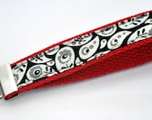 1 inch Red Cotton Webbing with Black, White and Gray Paisley Print