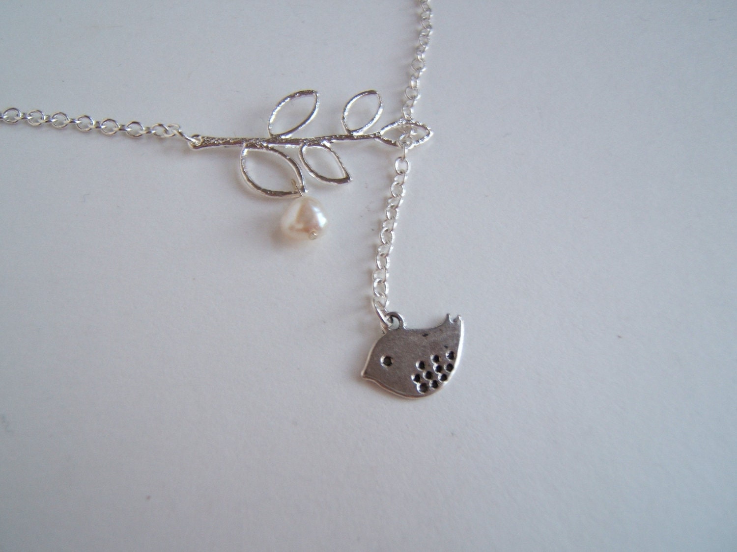 Tree Branch Lariat Necklace Silver with Bird Charm and Freshwater Pearl Whimsical Chic