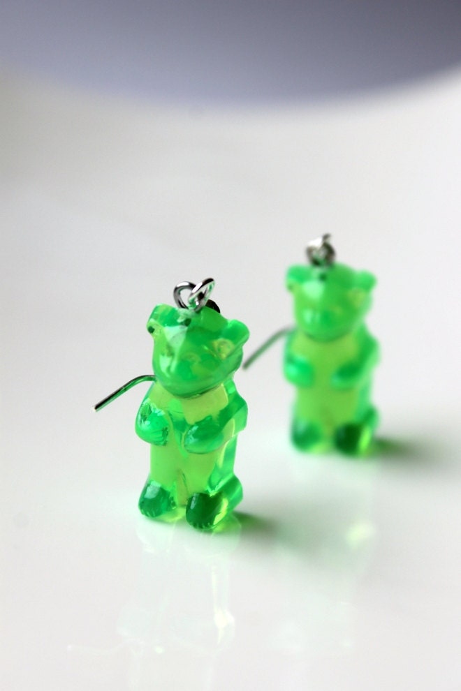 Gummi Bear Earrings, Lime Green Bear, Pink Candy Bear, Silver Plated, Sweet