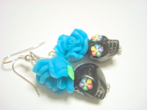 Turquioise Black Rainbow Day of the Dead Roses and Sugar Skull Earrings