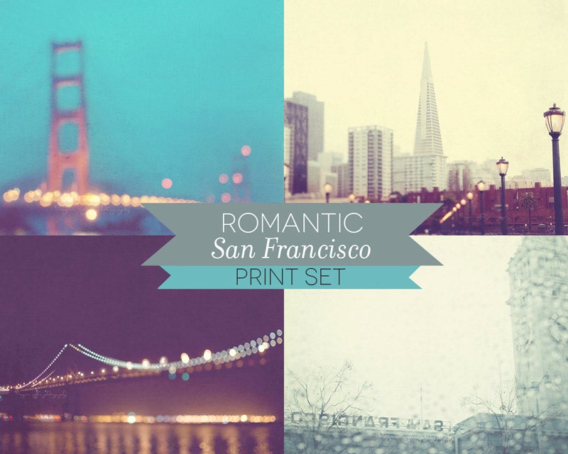 San Francisco photography, California travel print set, 8x10, romantic Golden Gate Bay Bridge, twinkle bokeh lights, rainy winter blue