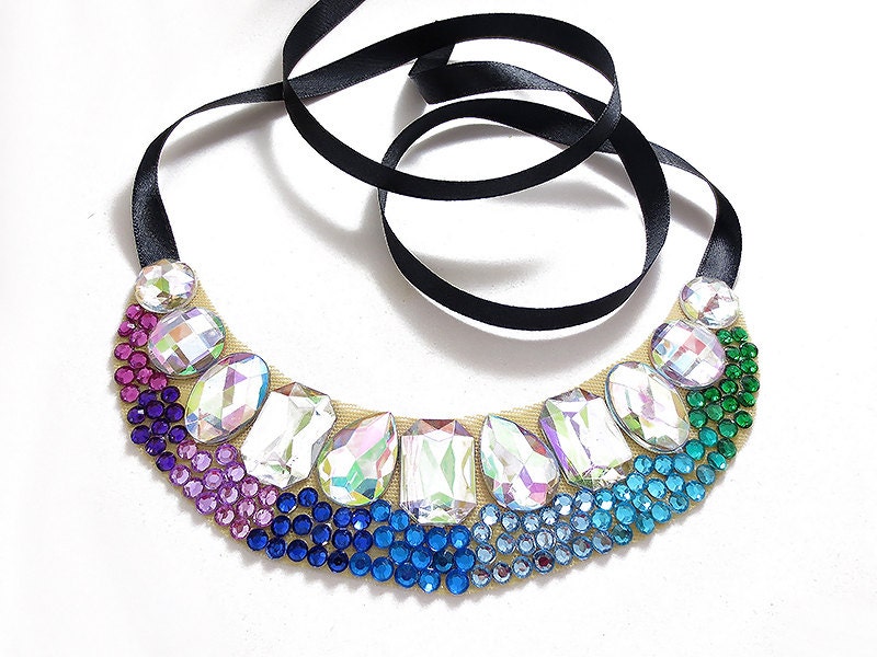 Peacock Necklace, Rhinestone Statement, Colorful Jewelry, Peacock Colors, Jeweled Collar, Blue, Purple, Green, Bridesmaid Necklace
