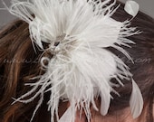 Bridal Feather Head Piece, Soft White or Ivory, Swarovski Rhinestone Center, Wedding Hair Birdcage Fascinator - Catalina