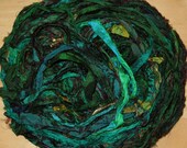 Green Sari Ribbon, 38 yds Recycled Silk, Fair Trade, 4.1 oz, 115 grams, SLIGHTLY IRREGULAR