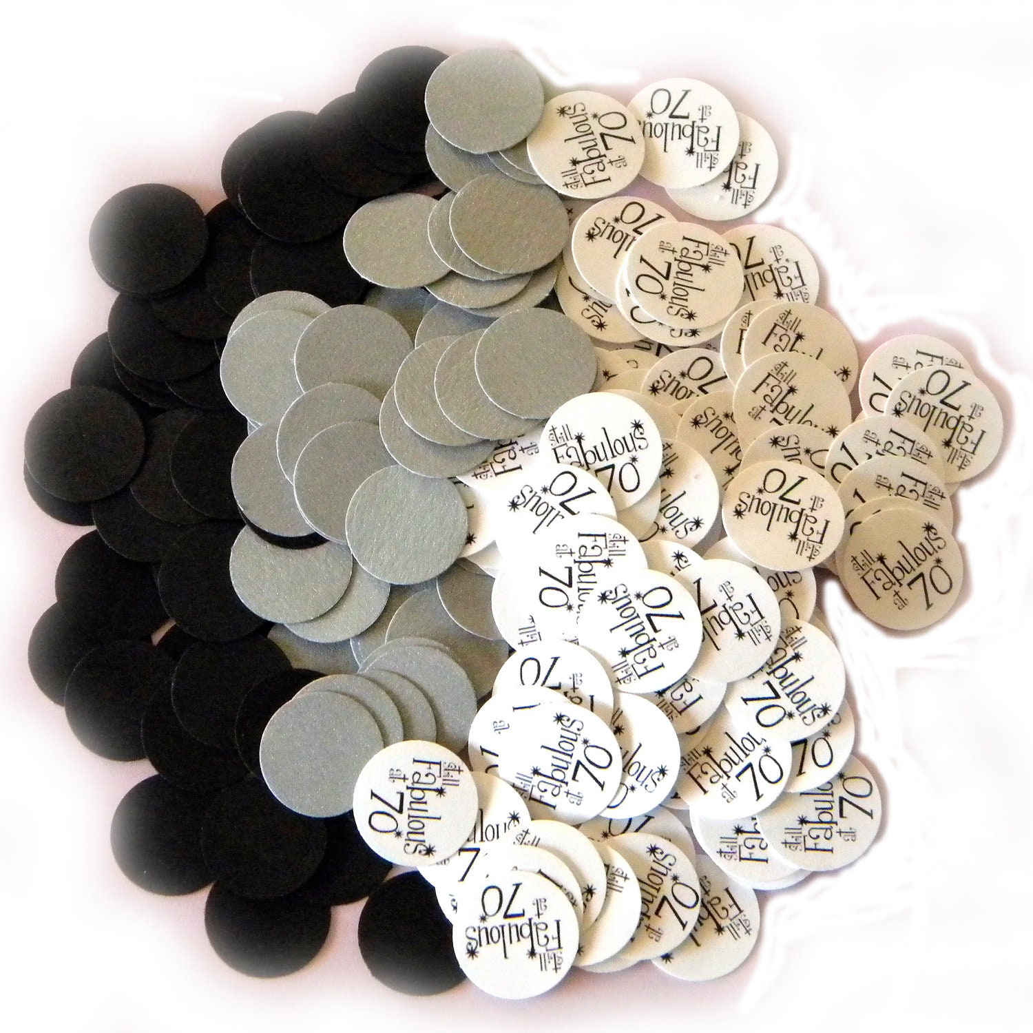 70th Birthday Party Confetti 3/4 Inch Circles - Still Fabulous at 70, Black, Silver and White Il_570xn