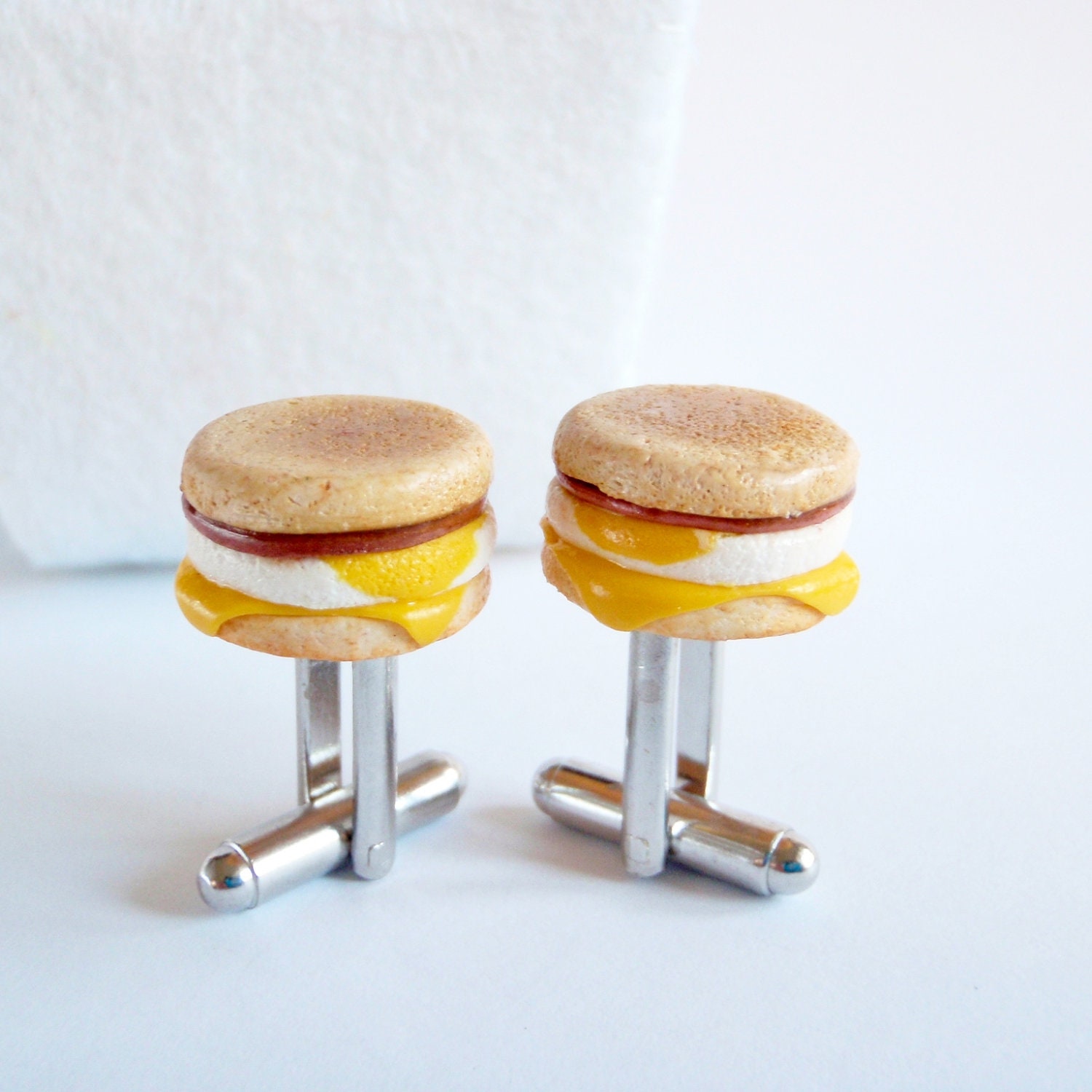 Breakfast Cufflinks - Egg Muffin Sandwich Cuff Links - Miniature Food Art Jewelry Collectable - Schickie Mickie Original