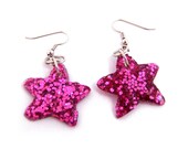 Pink Star Earrings, Glitter Resin Hot Pink Sparkly Jewelry, Customizable