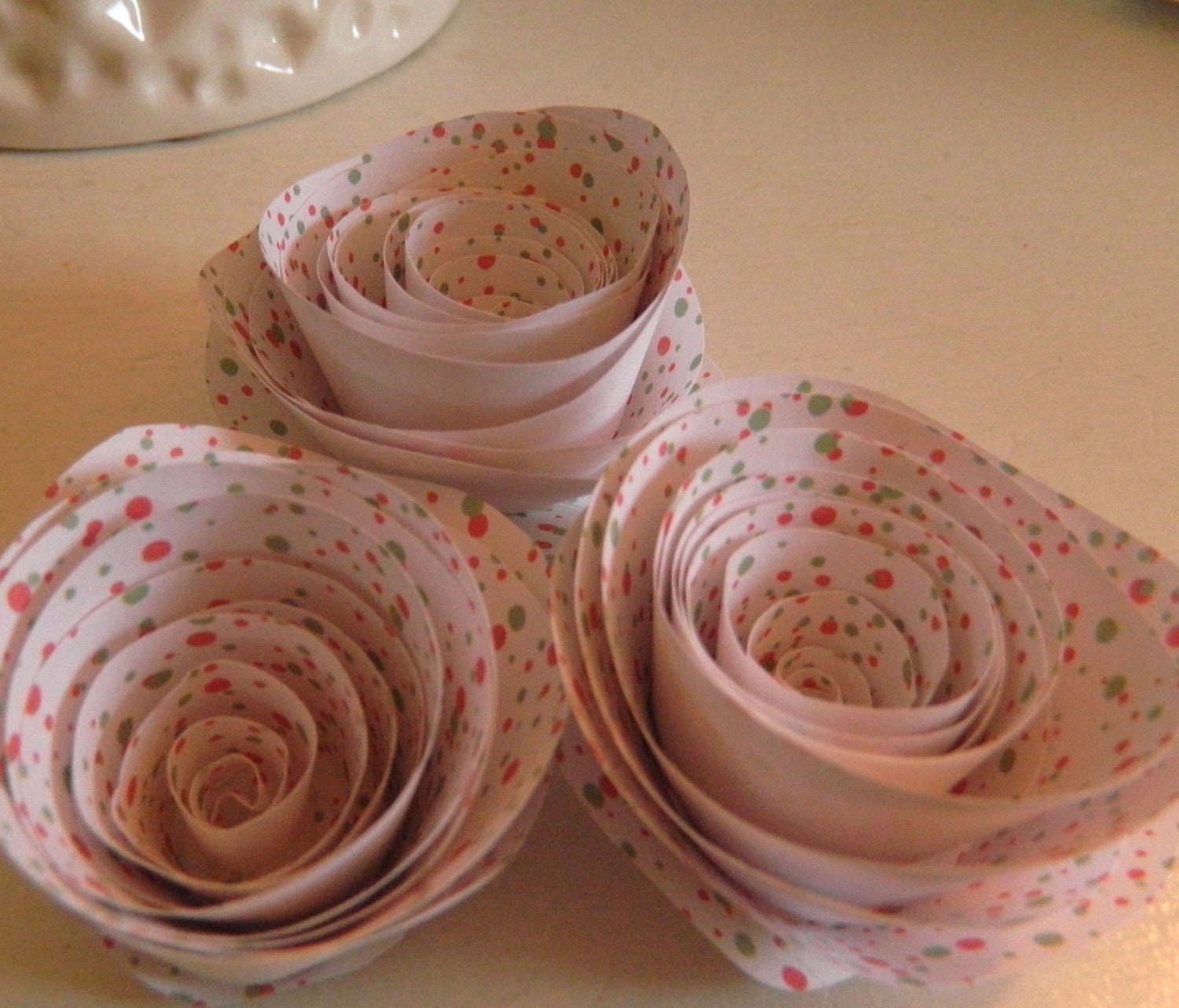 Set of 3 Rolled Paper Roses- white, red and green