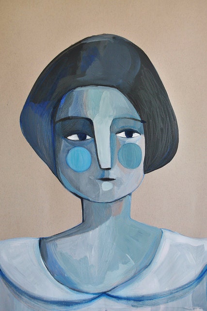 Blue hair illustration portrai print art drawing A4 size