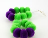 Fiber Jewelry Pompom Earrings Fun Light Bold Dangles in Green and Purple Funky Earrings