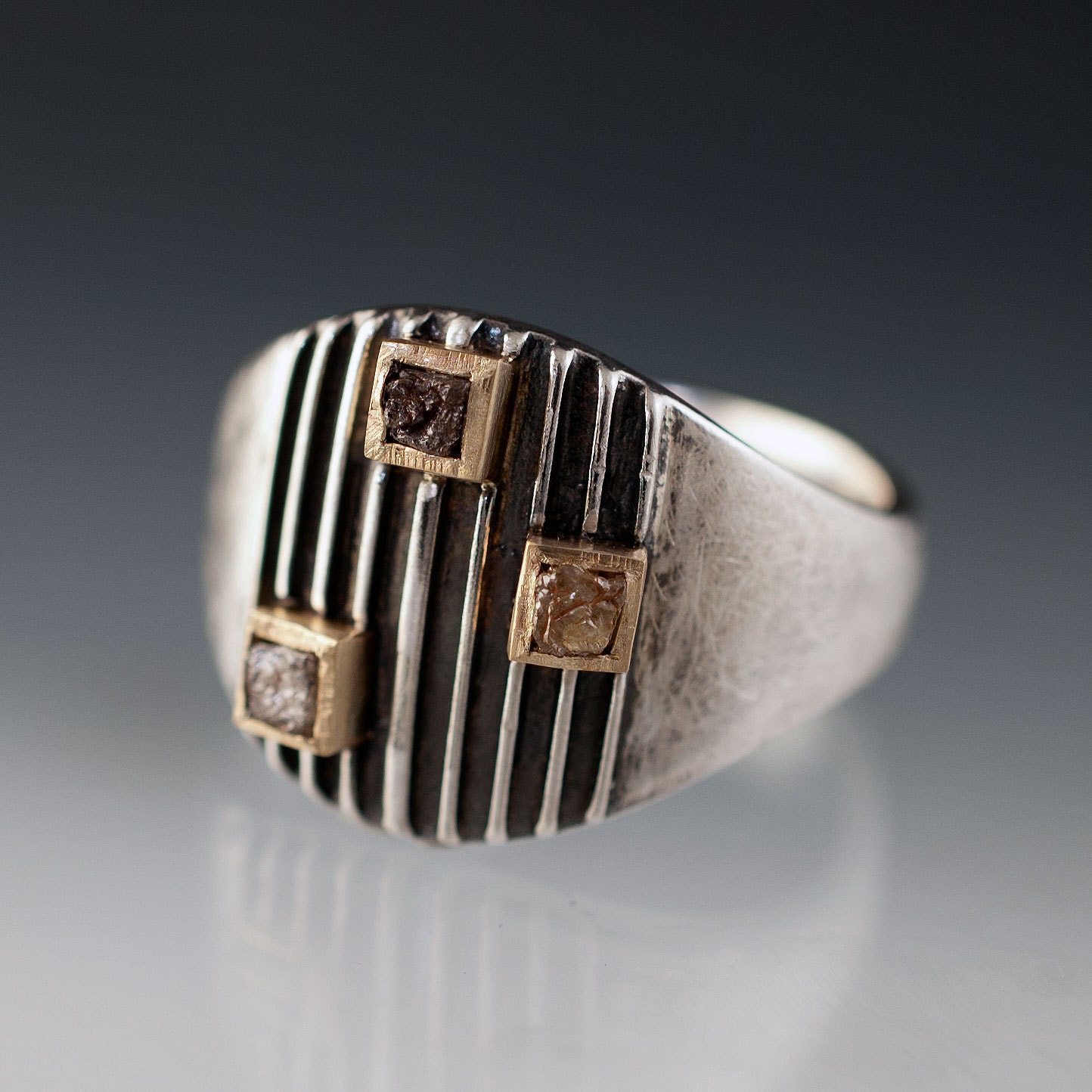 Striped Amor Ring 3 Rough Diamond Cubes 14k Yellow Gold Square Bezels Sterling Silver Ring -  Rough Diamond Ring