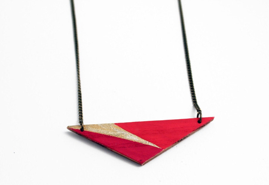 Wooden geometric triangle necklace - red, gold - minimalist, modern jewelry - color blocking