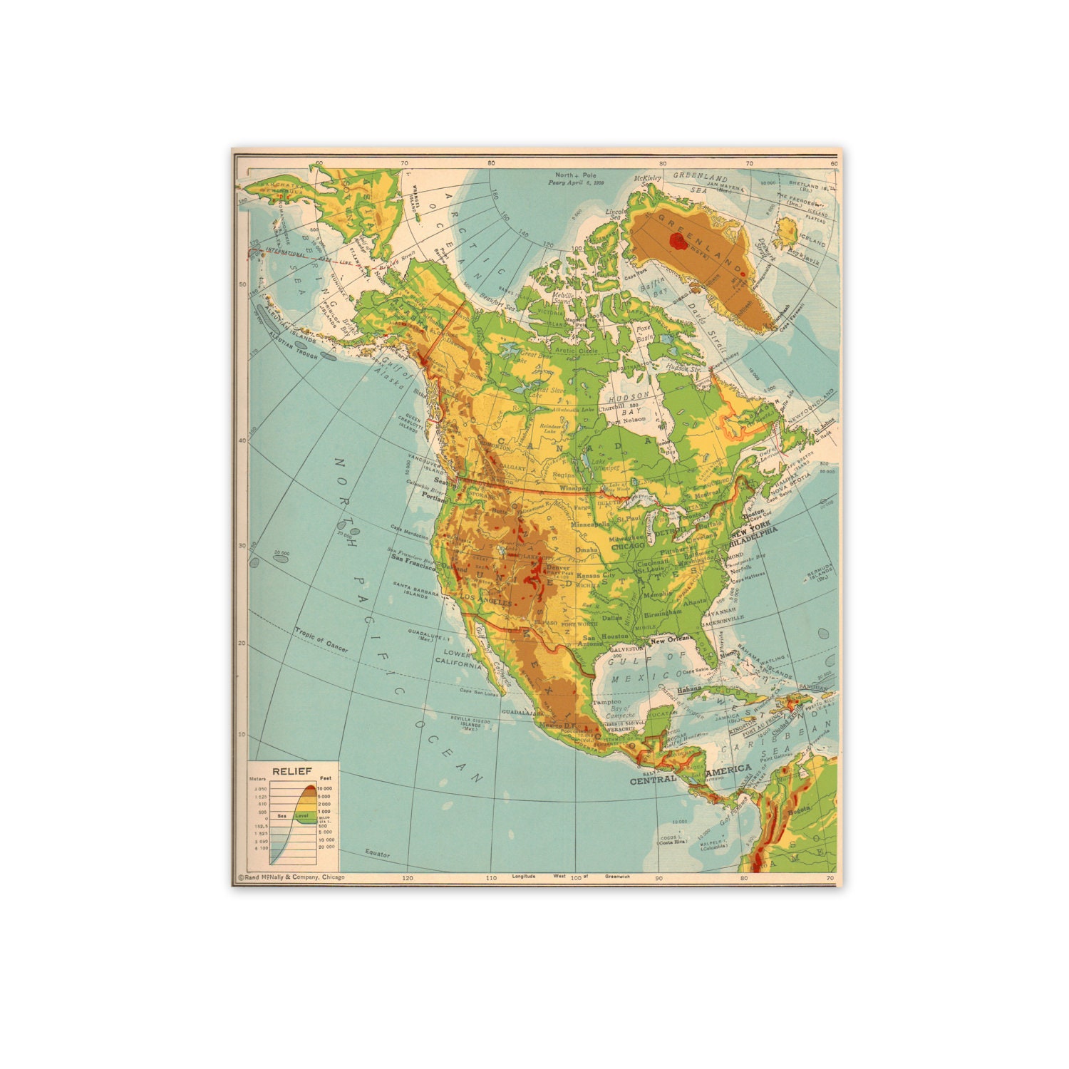 Canada, Mexico, United States. Vintage 1940s North America Map. 8" x 10". Ready to Frame.  (No. 269)