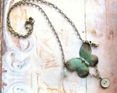 Verdigris Green - Antiqued Brass Butterfly Gemstone and Button Handmade Necklace