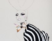 Fashion illustration, acrylic painting, girl with antlers, zebra print, makeup, black and white, dickie bow