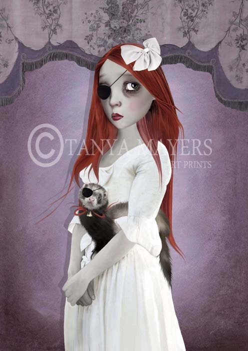 Pop Surrealism Art Print - Big Eyed Girl & Ferret - Two Of A Kind