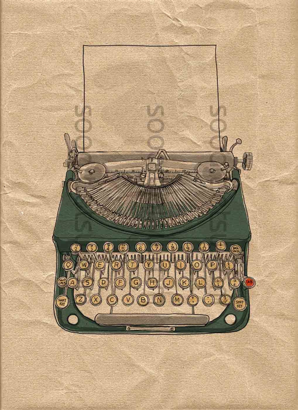 green typewriter Porto-rite -SooArt Original Illustrate Drawing  A4 Print on Pillows, t-shirts, scrapbook, lampshades  ETC.