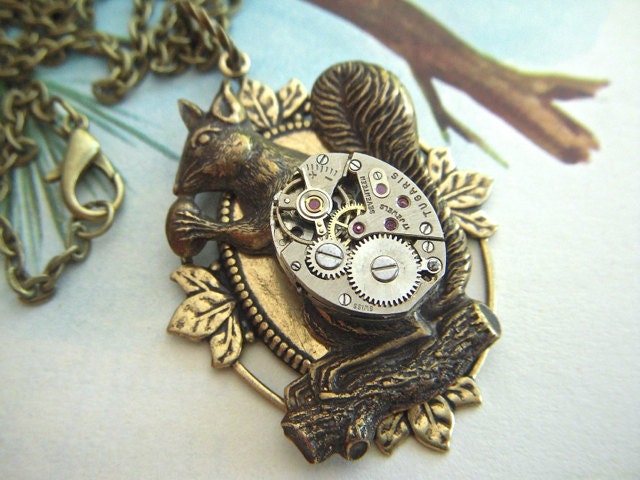 Steampunk Necklace Antiqued Brass Squirrel Tiny Vintage Watch Movement Gothic Victorian Primitive Art Jewelry