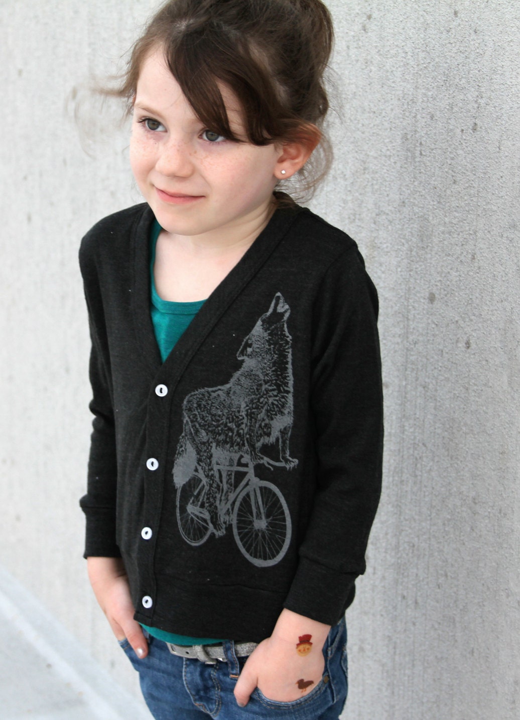 Wolf on a Bike - Childrens Cardigan - Tri Blend American Apparel