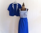 Vintage 1980s Dress Nautical Blue Striped with Belt and Jacket from John's Girl Inc