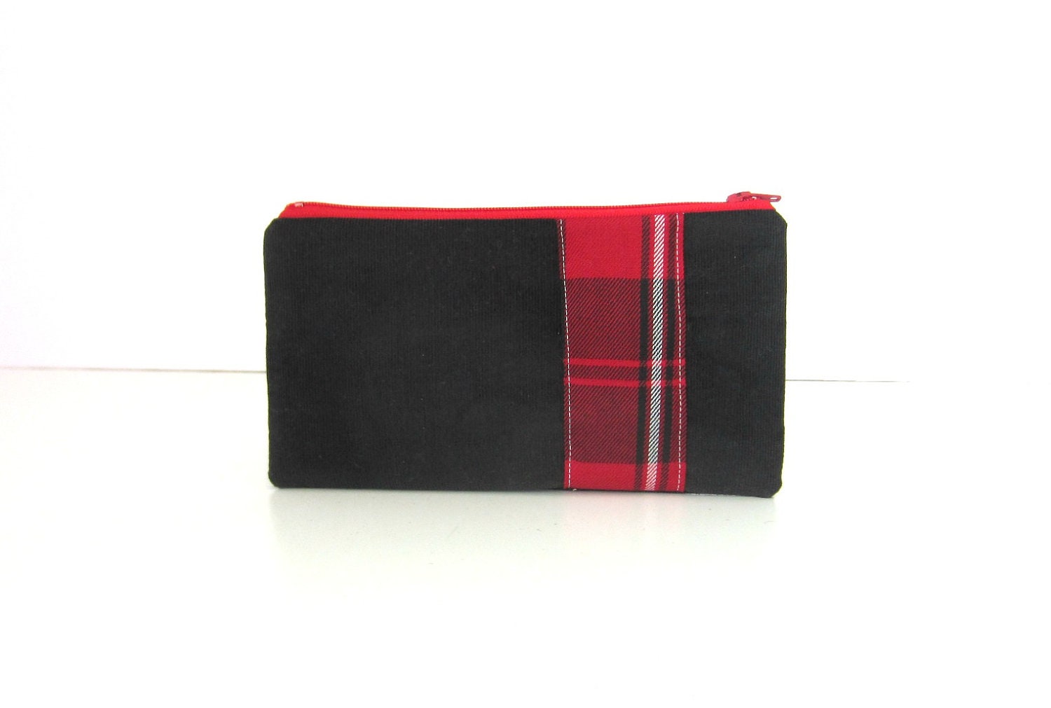 Clutch Black Red Tartan Plaid - Zipper Pouch - Holiday Purse