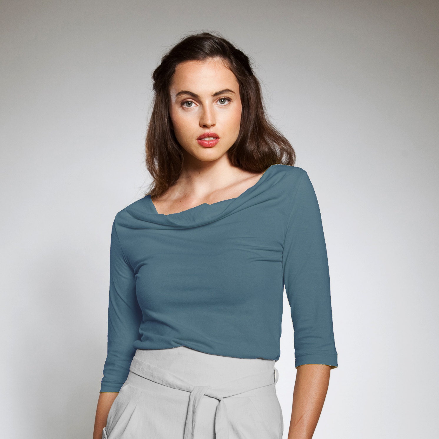 Spring fashion - smoky blue - sophisticated bamboo blouse with cowl neckline and half-length sleeve - Florence Top - ready to ship