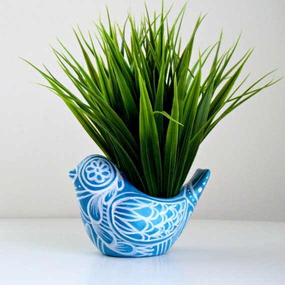 Mother's Day Bird Planter Ceramic Folk Art Turquoise Blue White Spring Home Decor Vase Hand Painted Tattoo Flowers Hearts - READY TO SHIP