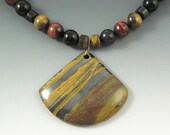 Tiger Eye Jewelry, Red, Blue, and Gold Tiger Eye Necklace with Tiger Iron Pendant