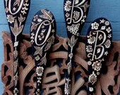 Custom set of 4 initialled spoons- cursive monogrammed floral name spoons, utensils-one of a kind, hand decorated wood burning