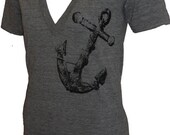 Antique Anchor Print Tri-Blend  V-neck American Apparel T-shirt Athletic Grey
