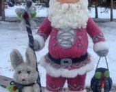 One-of-a-kind Christmas Needle Felt Santa Claus and Winter Hare Figure Decoration Animal Soft Sculpture by McBride House