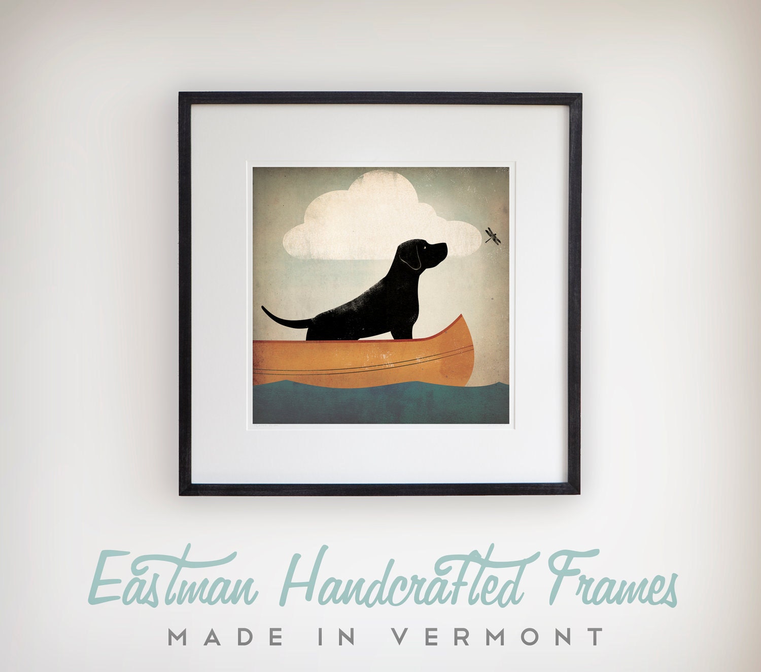 Black Dog Canoe Ride Custom Framed Giclee Print 13x13x1 Wood Frame Black Lab