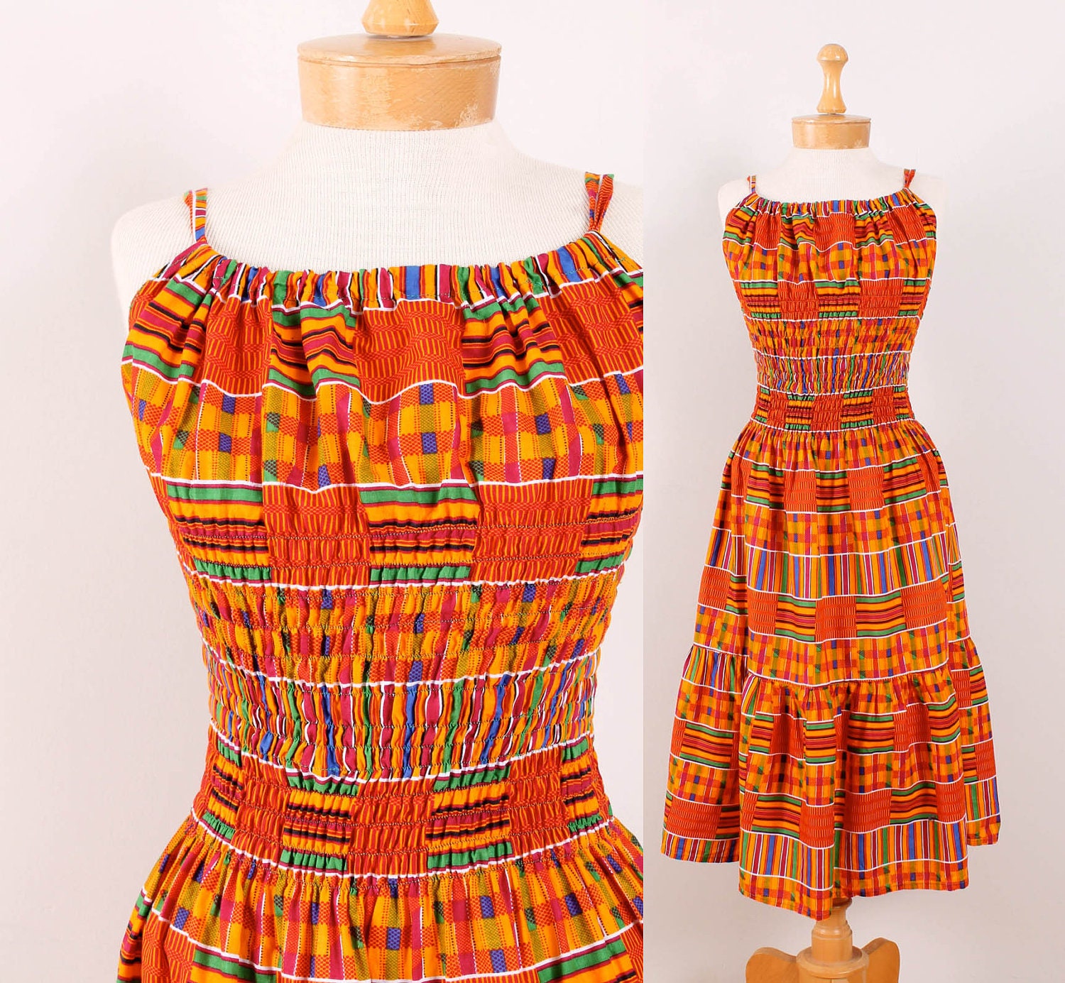 80s / 90s Sun Dress / Tribal Print Smocked Waist Midi Dress - Womens XS / S - Sleeveless Orange Burgundy White Black Blue Magenta Cotton