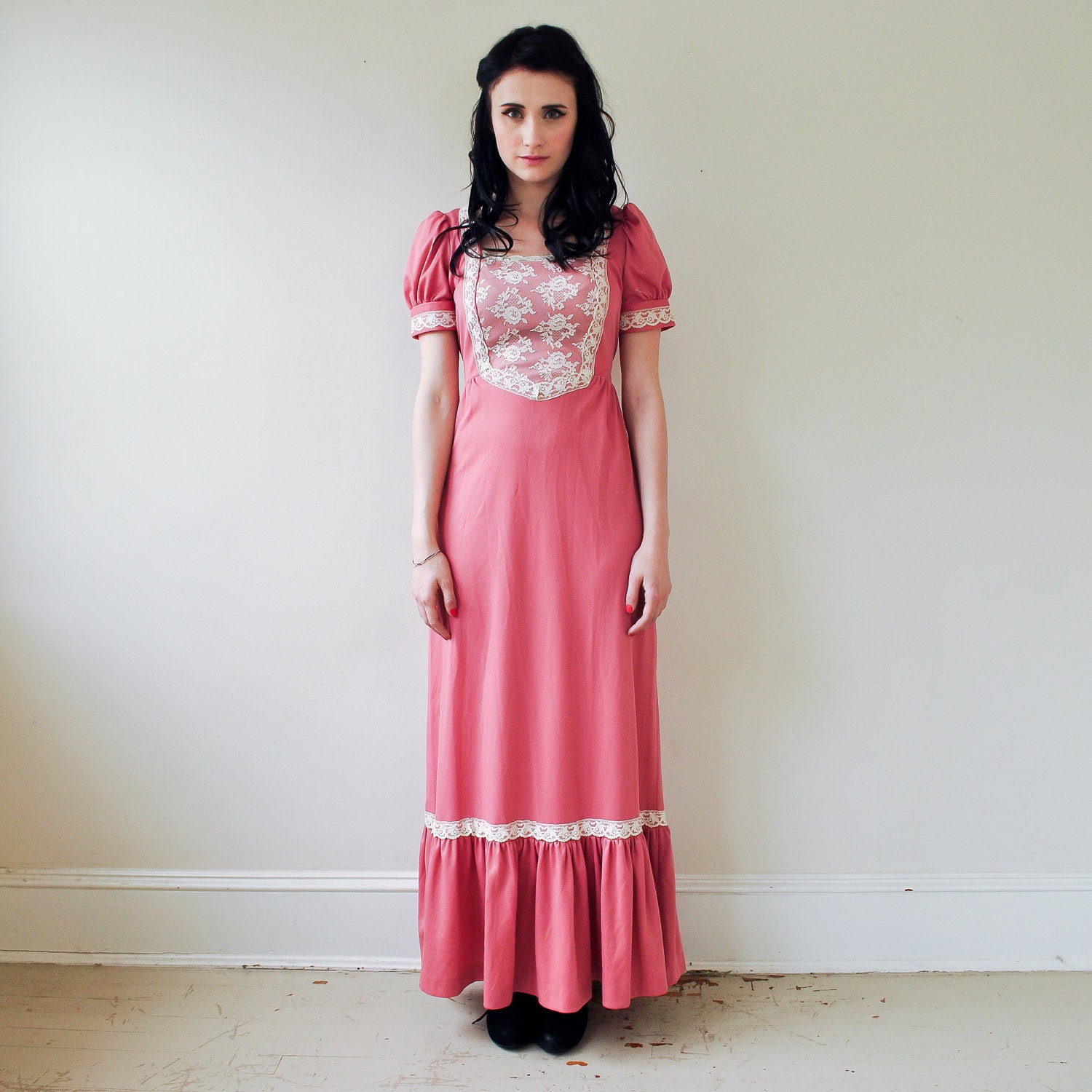 vintage 70s pink and white lace maxi dress / 1970s dress small