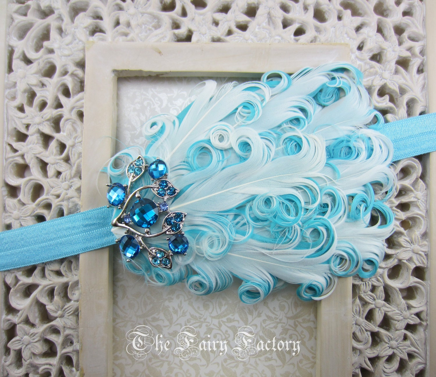 Aqua / Light Turquoise & White Feather Headband w/ Crystal Accent, Baby Child Girls Headband Adult