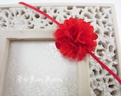 Mini Red Flower Headband, Red Satin & Tulle Flower Puff Headband or Hair Clip, Infant Headband, Newborn Baby Child Girls Headband