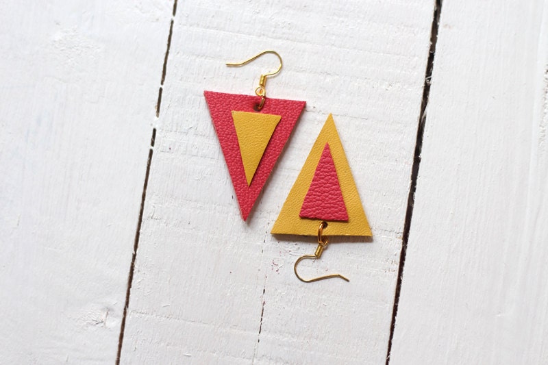 Geometric leather earrings triangles - yellow and tangerine
