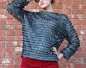 Vtg 1950s Beaded Sequin Gunmetal Blue Dark Gray Caridgan Sweater Holiday M/L