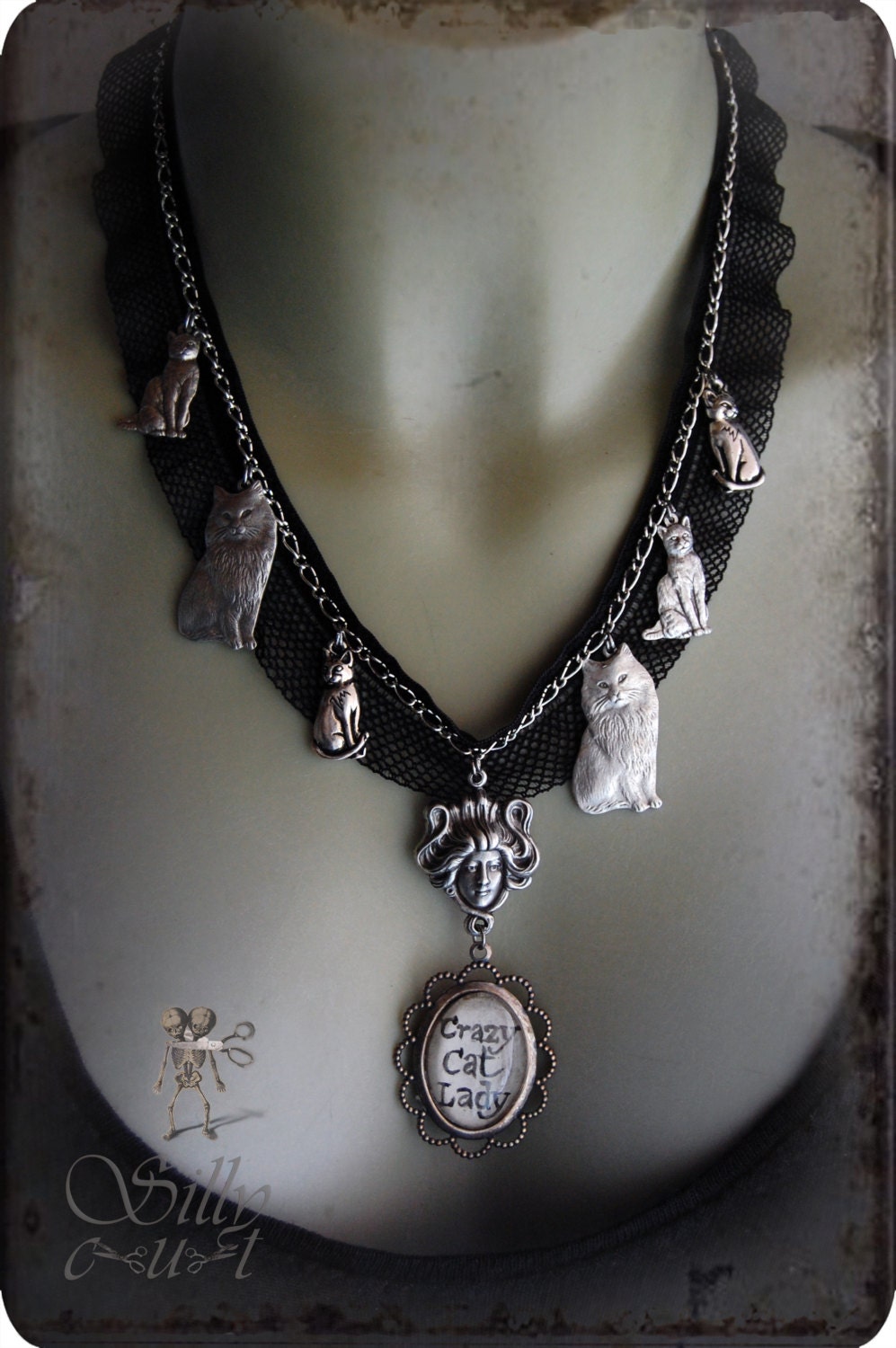 necklace - crazy cat lady - cat lover, kitten, cat pendant, gothic, vintage style, novelty, ooak