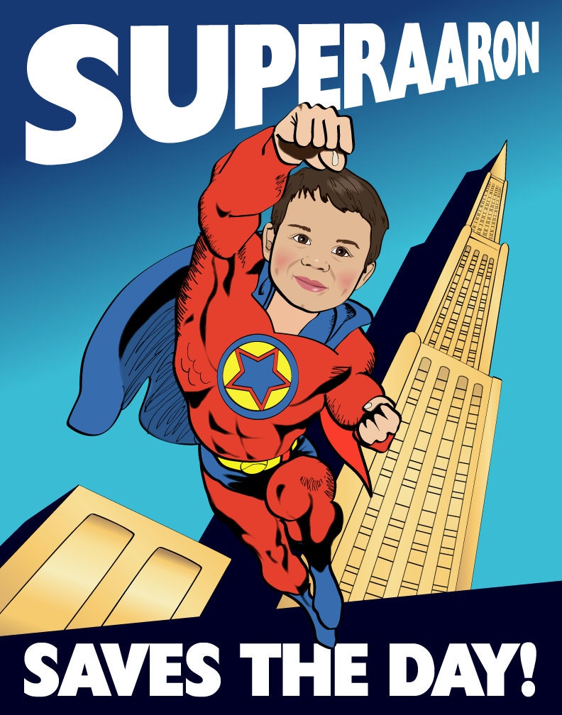Kids Wall Art - Personalized Superhero Print - Illustrated from your photo PRINTABLE FILE