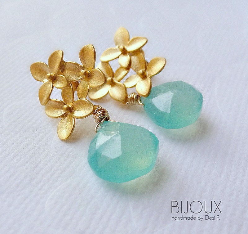 Aqua Blue Chalcedony Flower Bouquet Earrings - Post Earrings