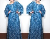 70s Teal Starry Night Metallic Maxi Evening Dress (M)