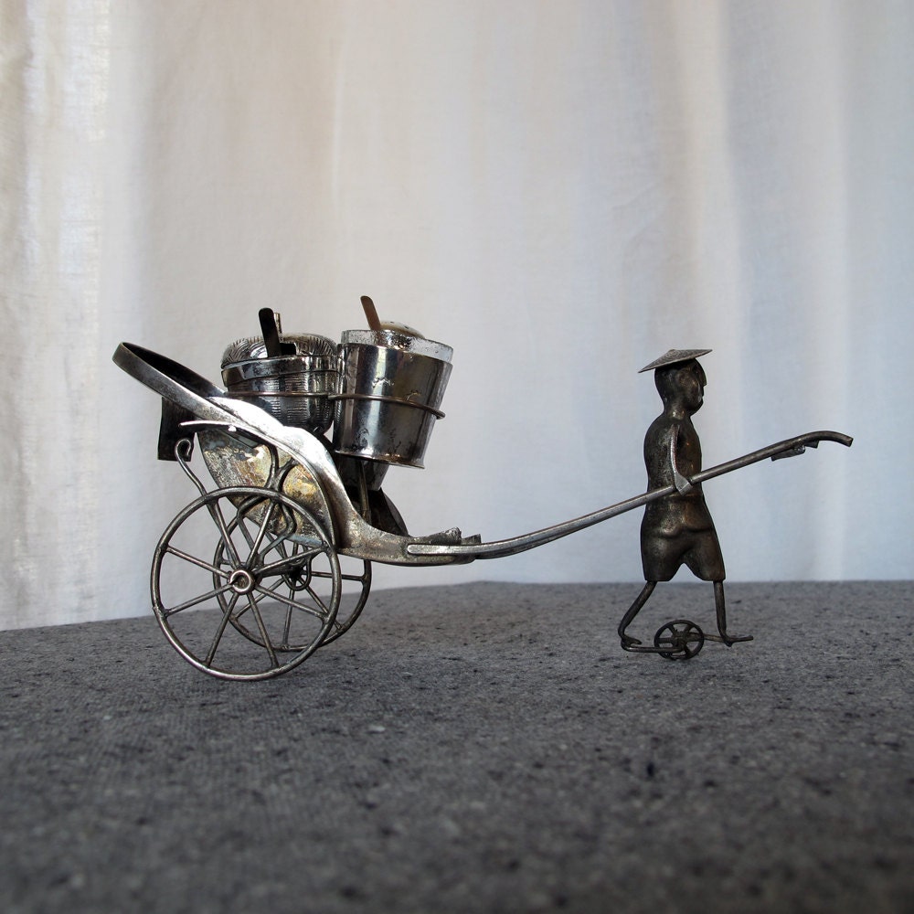 Silver 1920s Asian Rickshaw Figural Salt and Pepper Master Salt Cellar Cruet Set