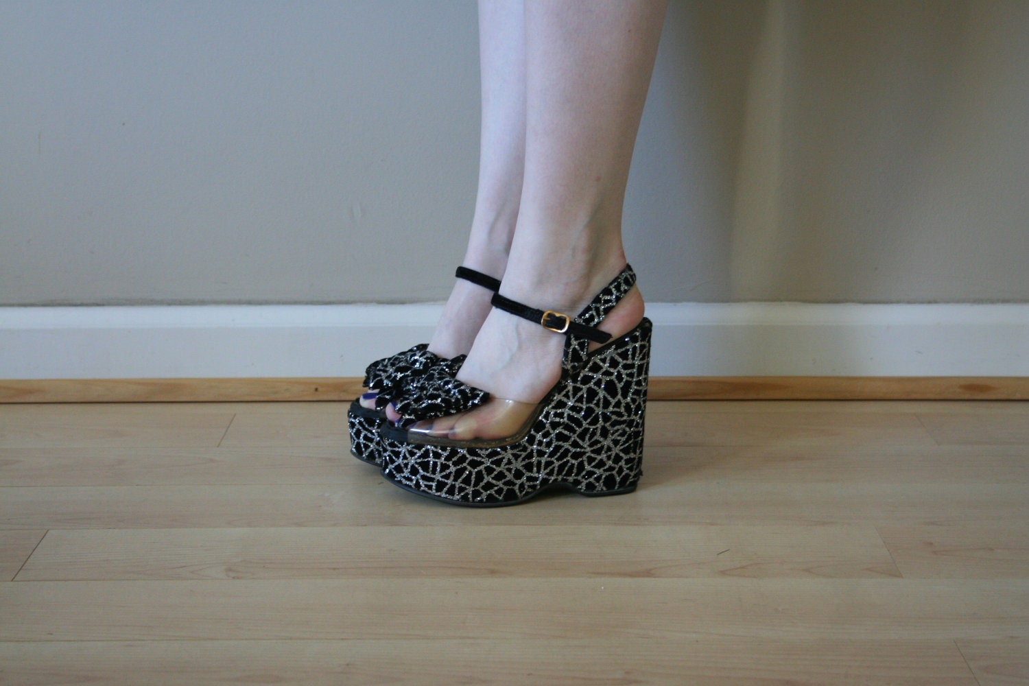 70s Black Velvet with Silver Glitter Patterned Wedge Platforms with Bow Toe Size Us 5 / Uk 3 /  EU 35