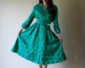 50s Brocade Dress // Rhinestone Buttons // Kelly Green // Shiny Floral //