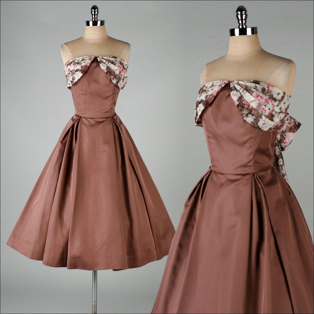 vintage 1950s dress . MARI KAYNE . brown faille . strapless . 1607