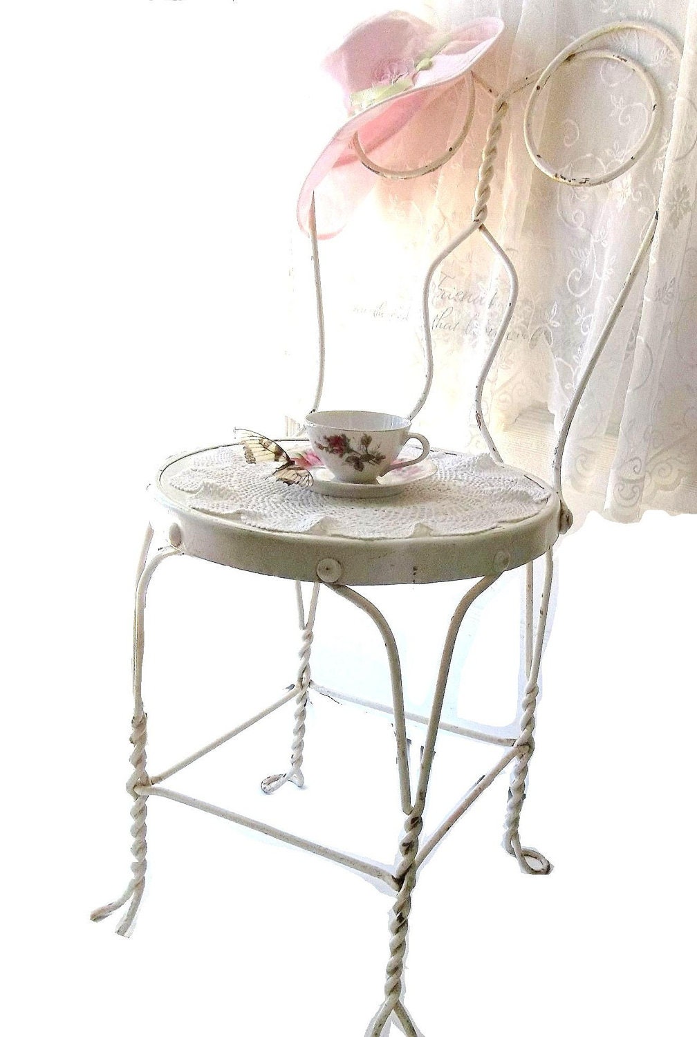 Antique Ice Cream Parlor Chair. Victorian Accent Chair.  SHabby CHic WHite. Iron and wood Seat