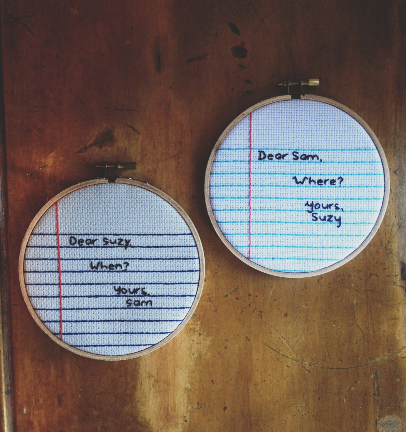moonrise kindgom love notes / suzy and sam / letters / quotes / wes anderson / cross stitch embroidery hoops / gifts / rugglesmade