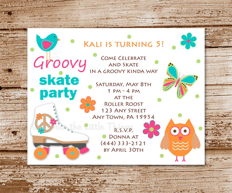 SET of 12 Hippie Chick ROLLER SKATE Invitations : Peace Sign Il_570xn